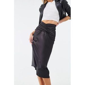 FOREVER 21 Women's Size Small Black Satin High-Waisted Midi Skirt A-Line S Party